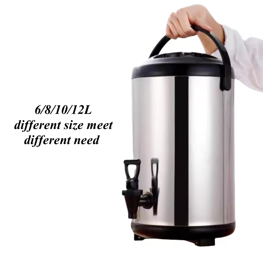 Stainless steel metal thickened commercial-grade milk tea bucket beverage hot and cold insulation Jug With Faucet 8L/10L/12L drinkware kettle water bottle portable Stainless steel water jug thermos bottle tumbler cup Insulated Jugs Flasks Bottled Mug